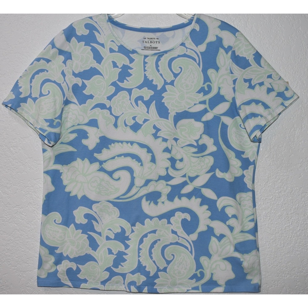 Talbots Tee XL Stretch Top Blue Mint Green Paisley Floral Short Slv Pullover - Picture 14 of 16